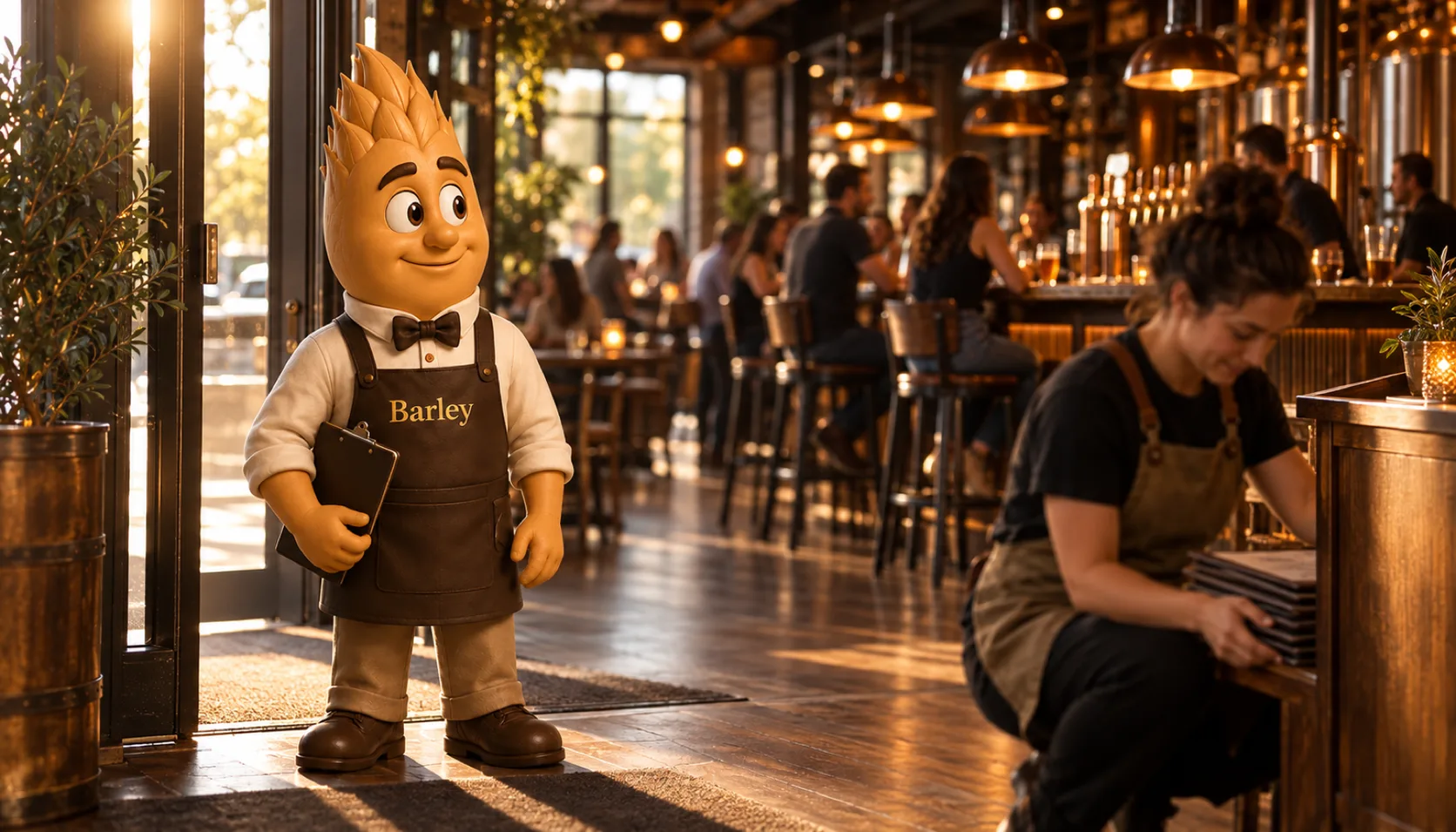 Barley stands just inside a sunlit taproom entrance holding a clipboard, looking down the walk-in path toward the bar while a staff member straightens menus at a host stand nearby.