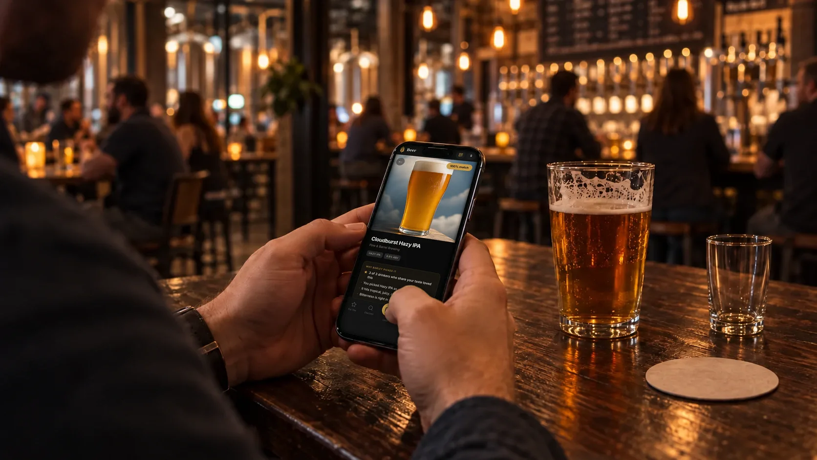 A first-time guest holds a phone showing Barley's pick for them, Cloudburst Hazy IPA at Pine & Barrel, marked a 100% match.