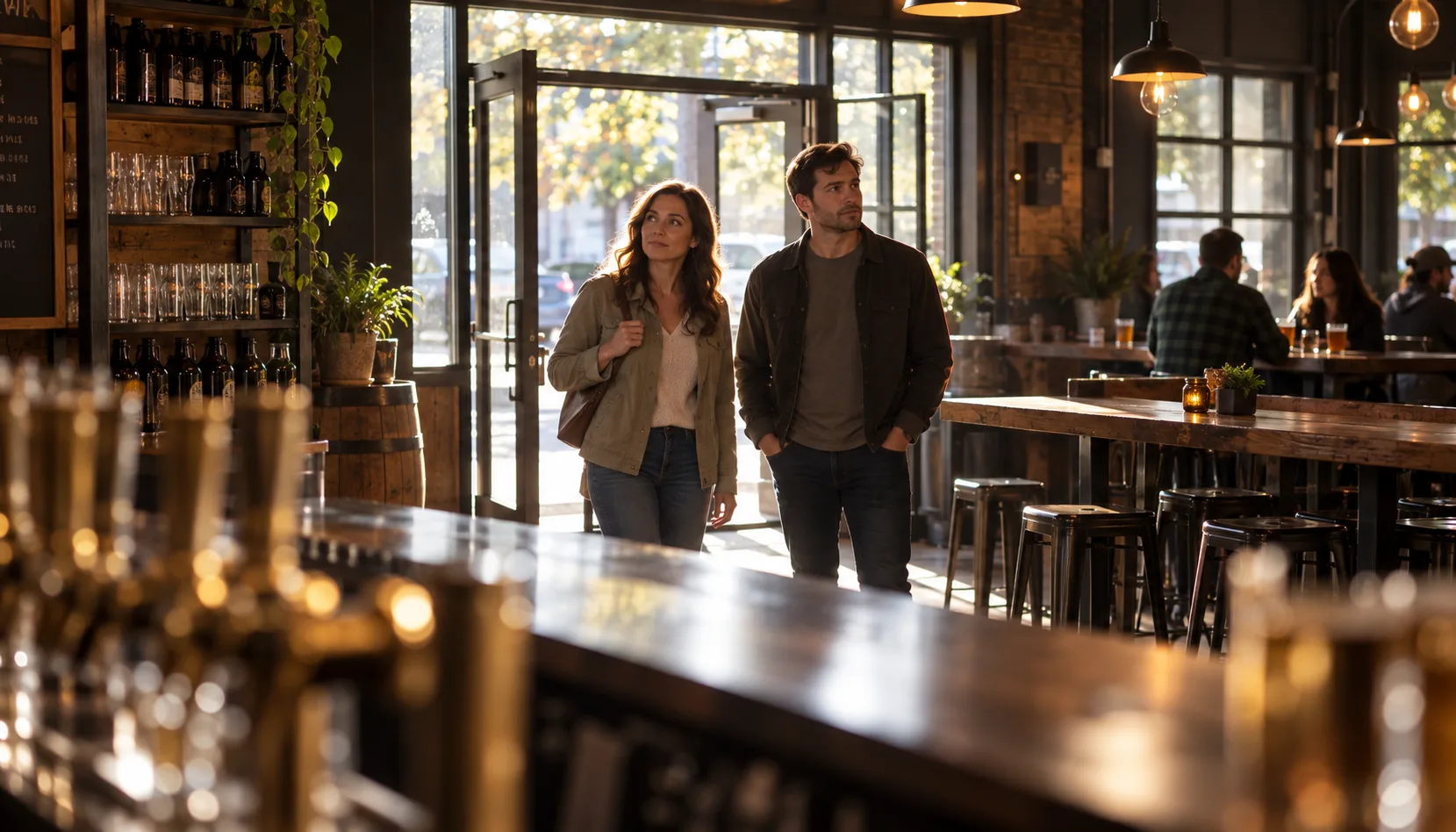 Two first-time guests stand just inside the front door of a taproom, backlit by afternoon daylight, looking around the room while the bar and its brass taps sit out of focus in the foreground.