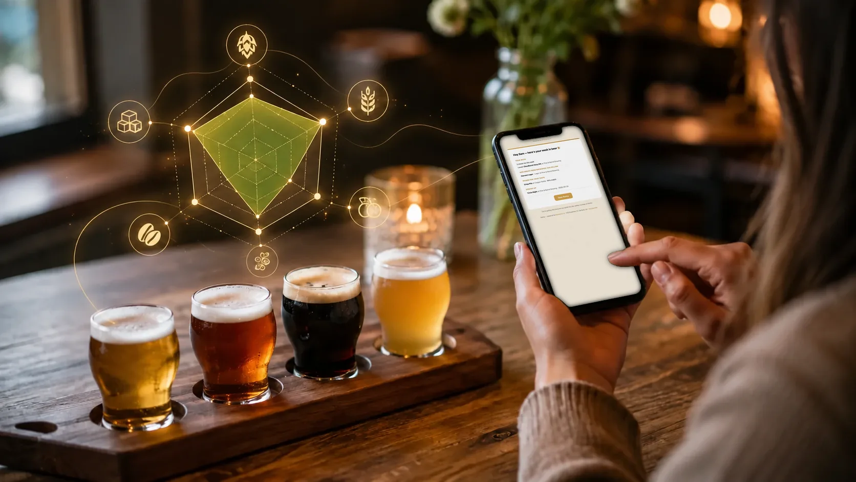 A guest beside a flight of four beers reads Barley's weekly roundup email on a phone: the beers they rated this week and new drops picked for their taste.