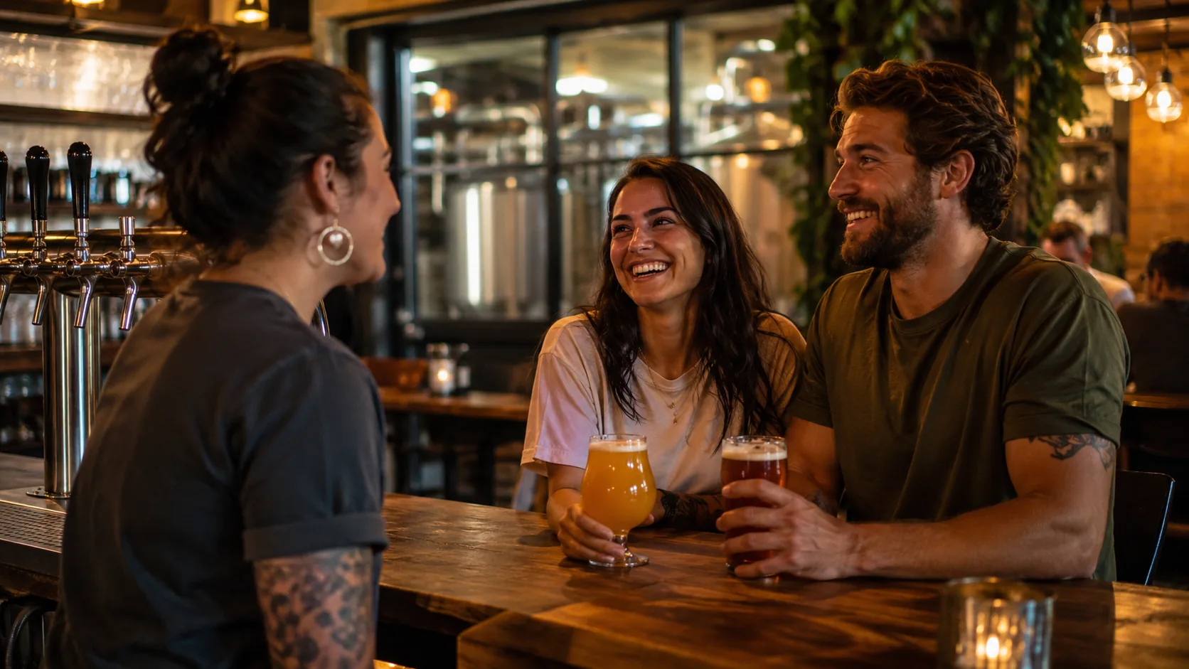 Staff catching up with returning regulars at the bar — the loyalty that comes from a taproom that feels like it knows you.