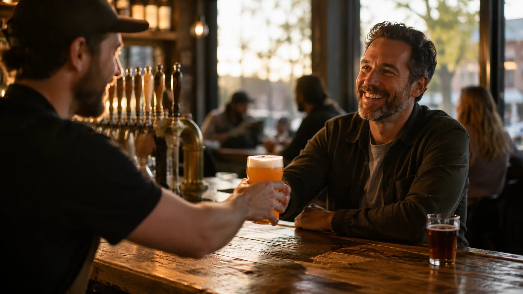A bartender sliding a fresh pour across the bar to a smiling regular, the beer matched to their taste.