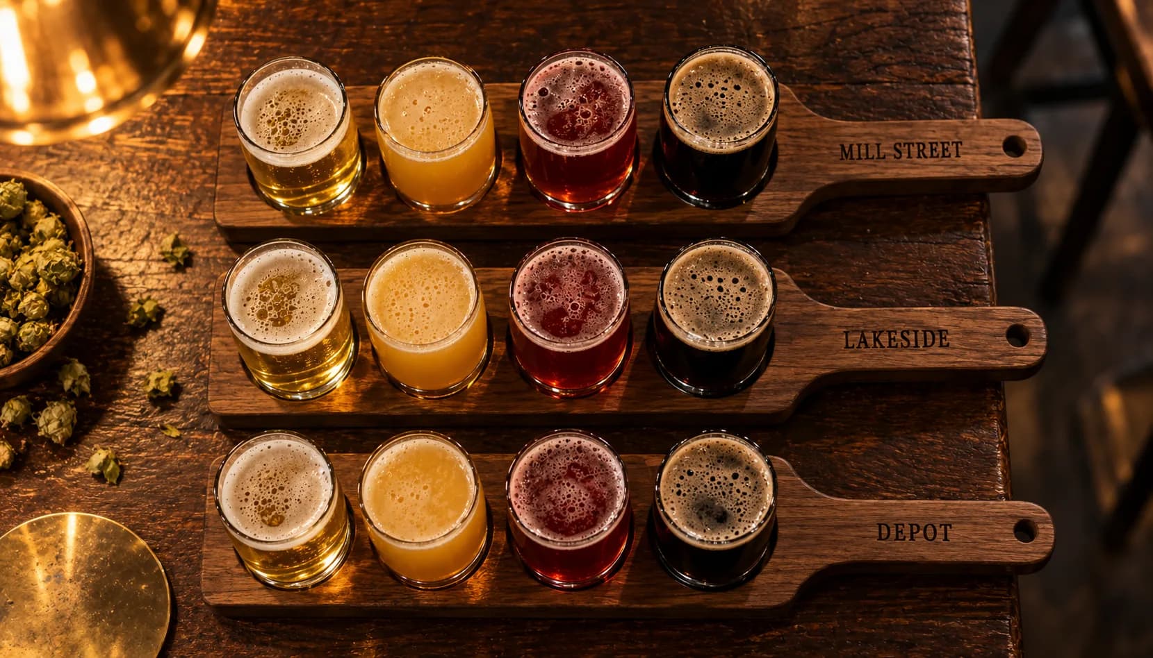 Overhead view of three wooden taster paddles on a walnut table, each holding a pilsner, a hazy IPA, a ruby sour and a stout, with the handles burned with the names Mill Street, Lakeside and Depot.