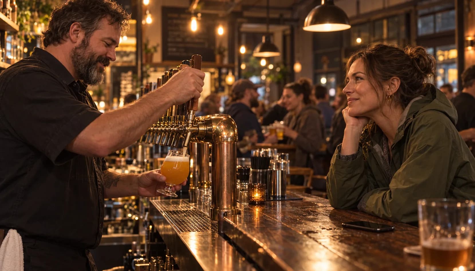 A bearded bartender pulls a hazy IPA into a tulip glass on a busy Thursday night while a woman in a green rain jacket, just arrived, leans on the bar and talks with him like a regular.