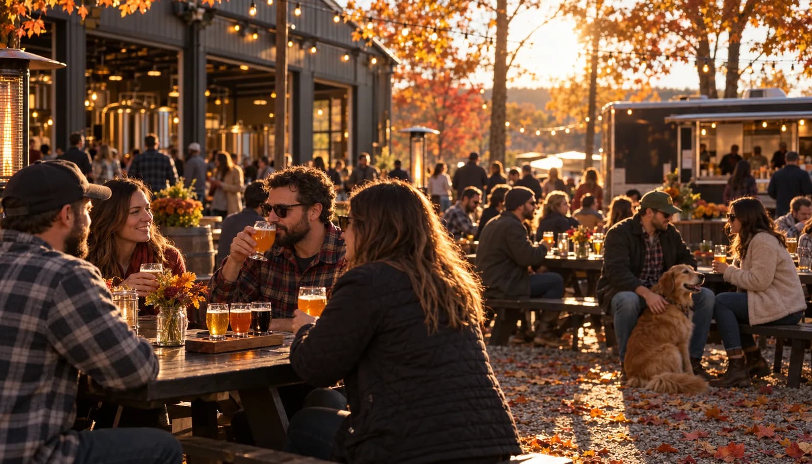 A busy brewery patio on a sunny late-October afternoon, picnic tables full of people in flannel sharing flights, a couple with a dog, string lights overhead and a food truck in the background.