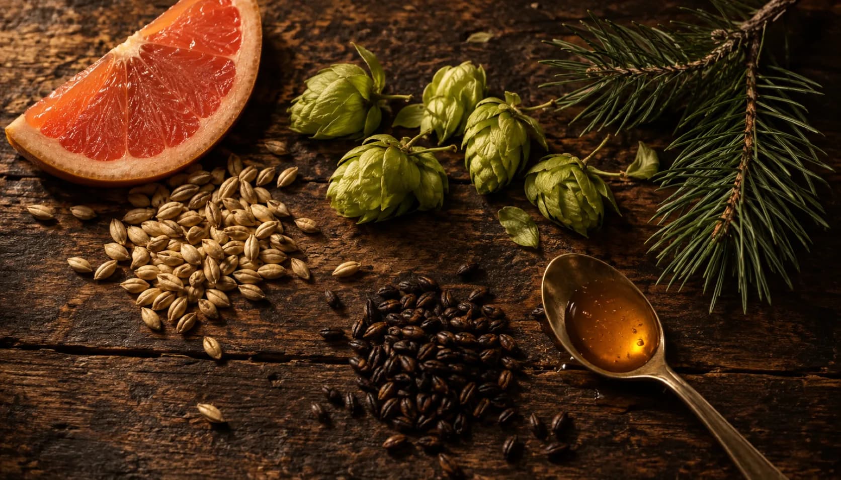 A flat lay on weathered wood of the raw materials behind beer flavor: a grapefruit wedge, pale malted barley, fresh green hop cones, a pine sprig, dark roasted malt, and a spoonful of honey.