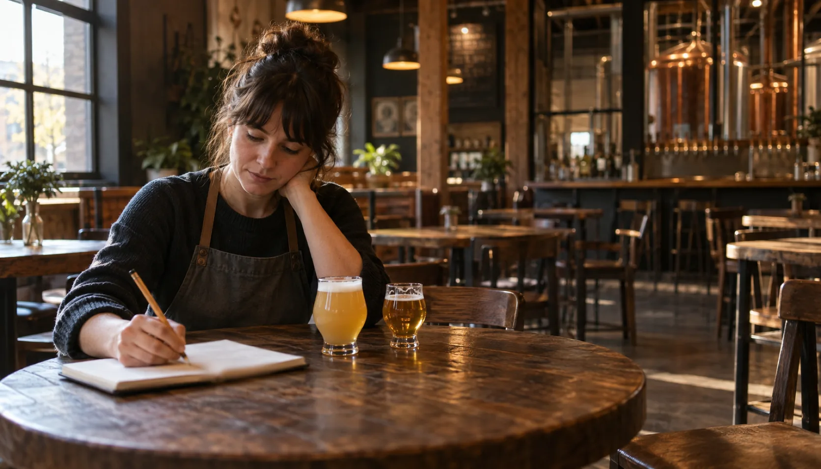 A bartender sits alone at a table in an empty taproom in the morning with the house lights up, writing in a notebook beside two small taster glasses.