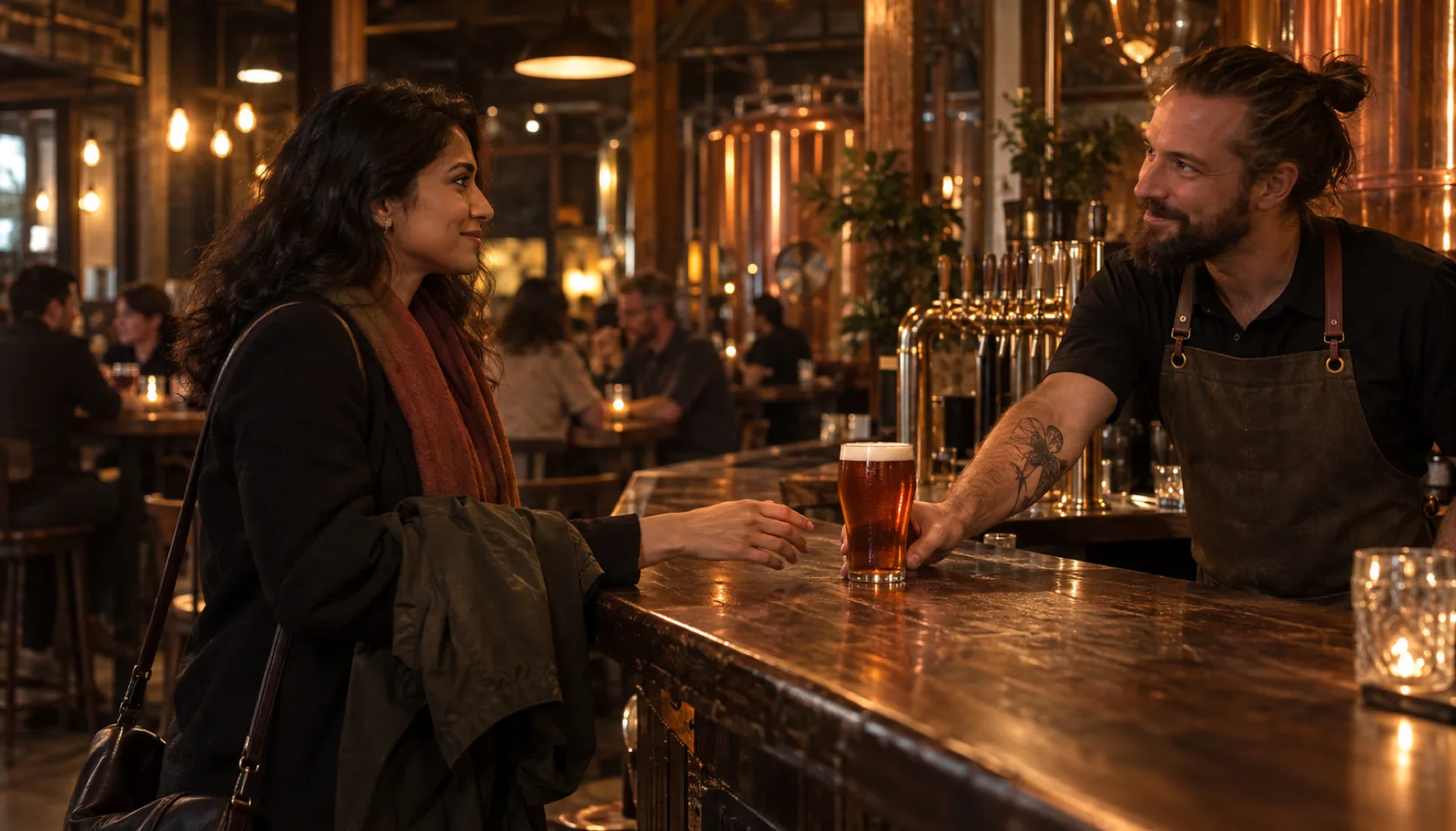 A bartender slides a poured amber beer across the bar to a returning regular who never had to order it, the two of them sharing a look of recognition.