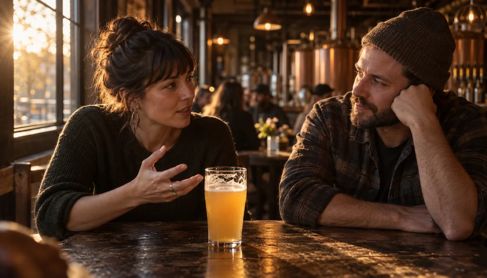 Two regulars at a window table in a taproom at sunset, a woman gesturing mid-sentence as she describes the hazy beer standing between them while the man listens.