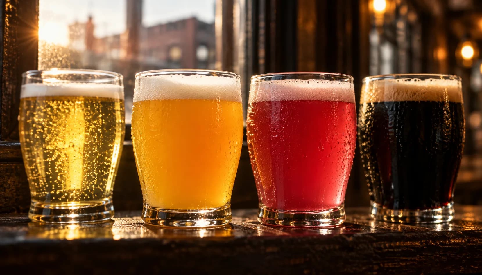 Four tasting glasses in a row on a ledge against a window, backlit so the light shows their colors: clear pale straw, opaque hazy orange, bright red tart, and near-black stout.