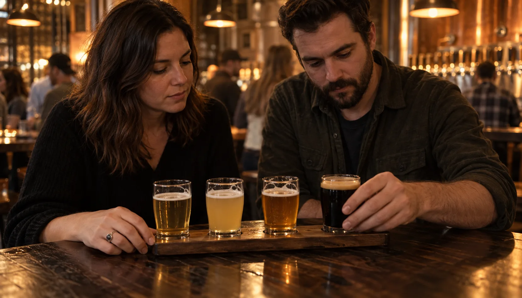 Two people at a table in a busy evening taproom, one sliding the dark stout glass to the far end of the flight paddle while the other rests a hand beside the pale pour.