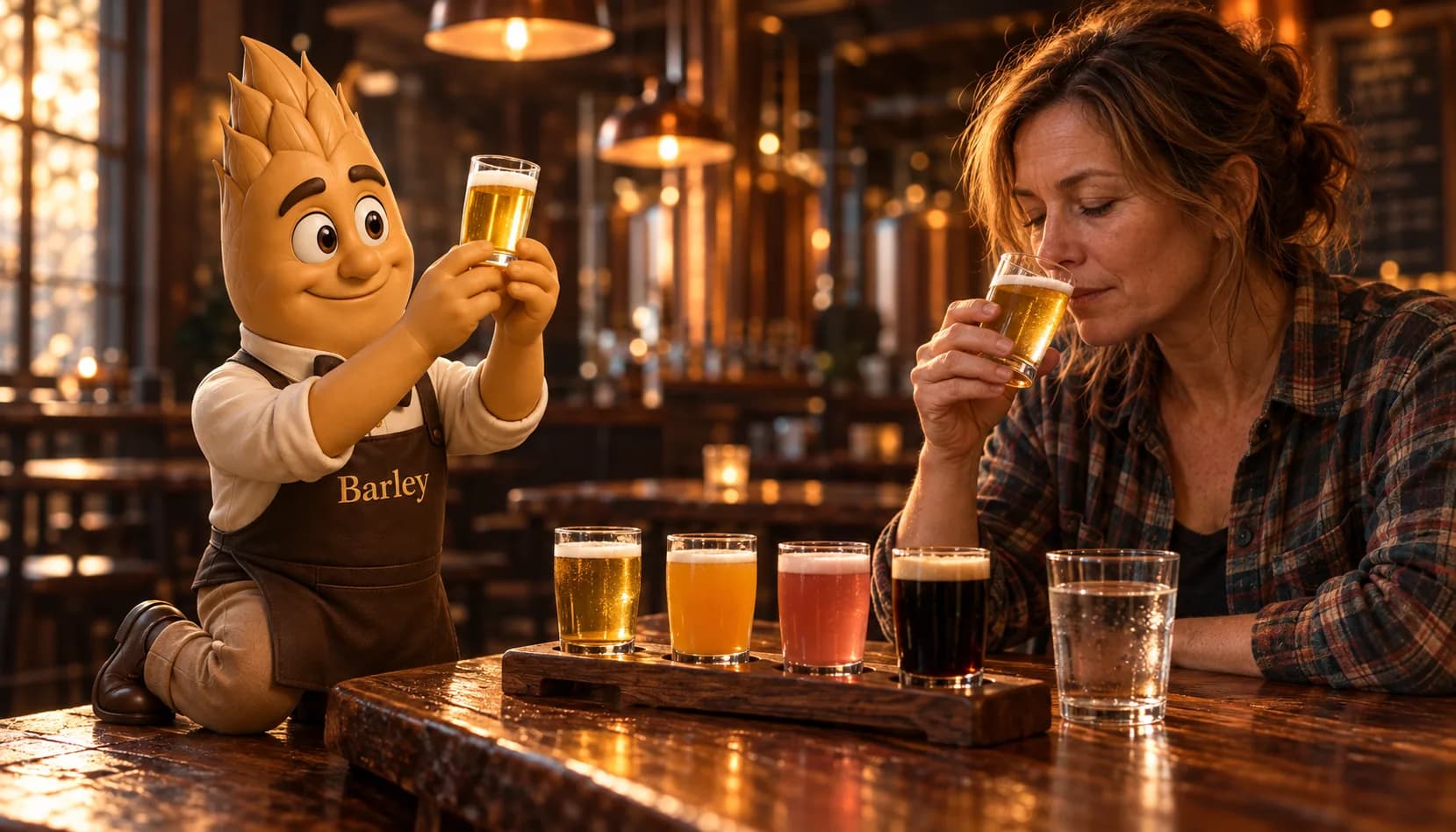 Barley kneels beside a taproom table holding a tasting glass up to the pendant light while a woman in a flannel shirt smells her own pour, the four-glass paddle and a water glass on the table between them.