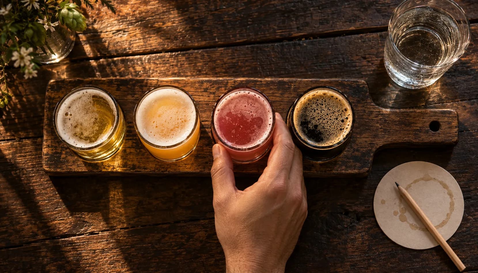 An overhead view of a wooden flight paddle on a dark taproom table, four small pours running pale straw to hazy orange to blush pink to black, with a hand reaching in for the third glass and a water glass, pencil and coaster alongside.