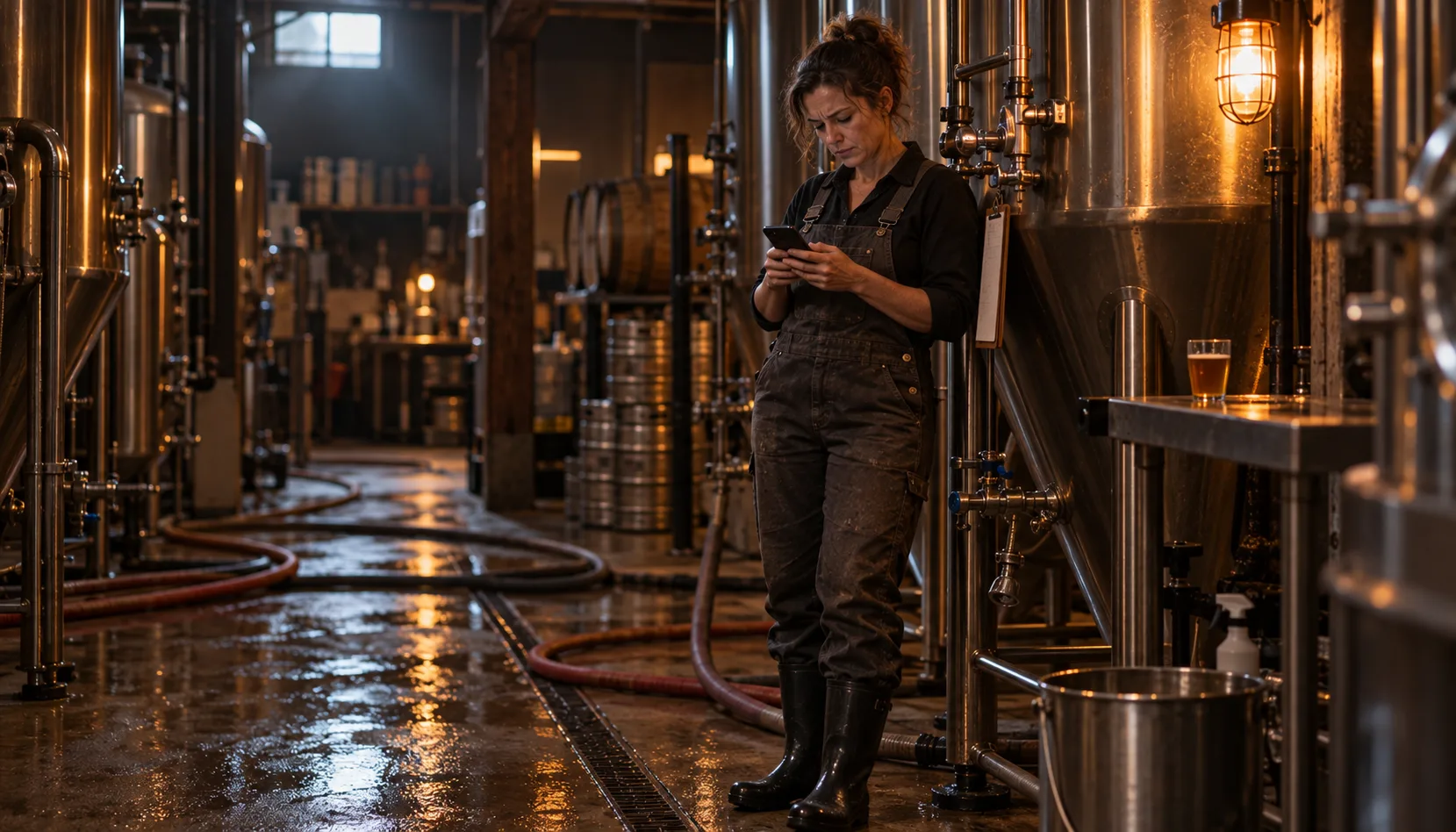 A head brewer in overalls and rubber boots leans against a stainless tank in a dim, wet-floored brewery cellar, reading her phone under a caged work light, a clipboard hanging beside her.