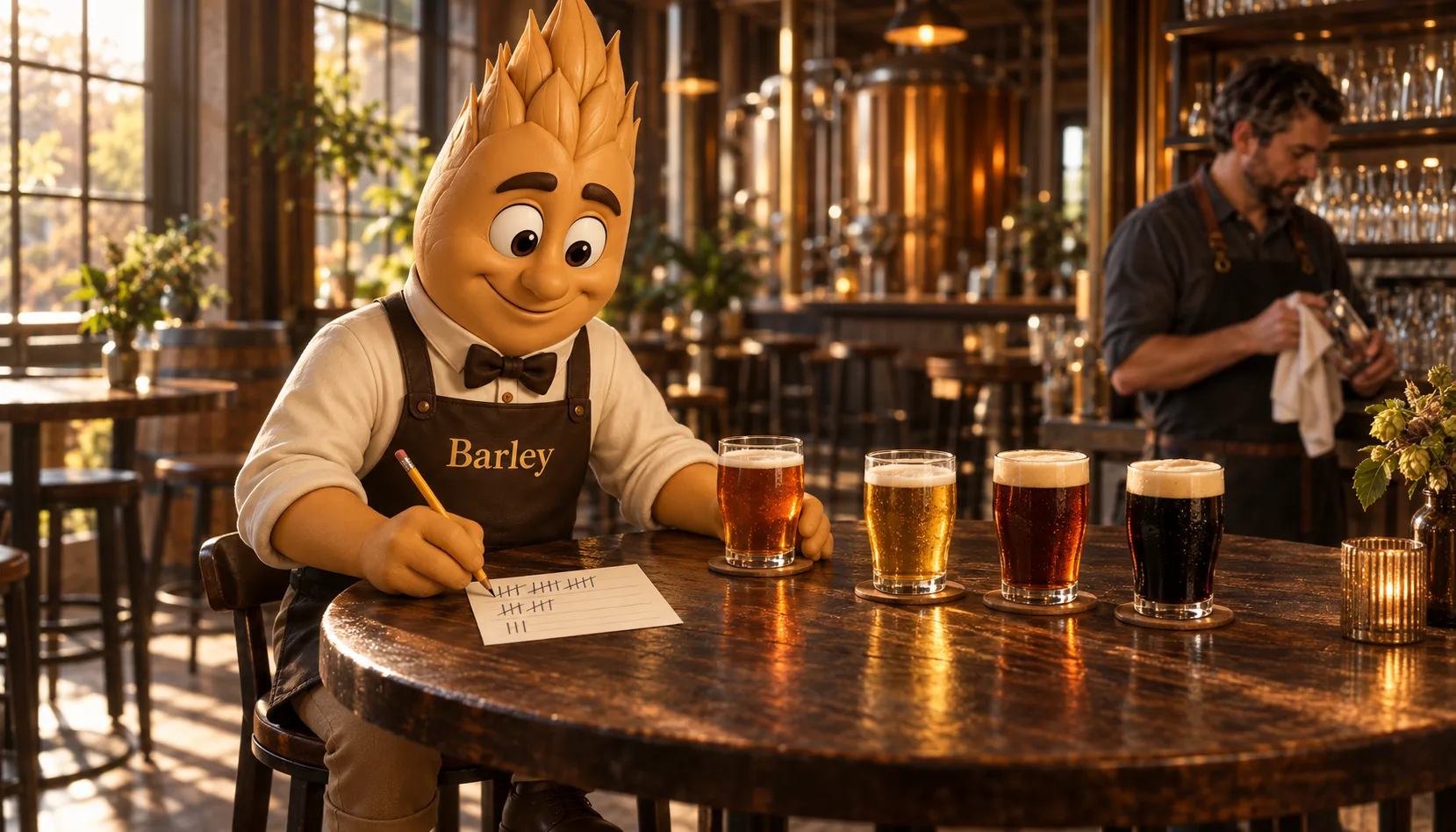 Barley sits at a table in a sunlit afternoon taproom making tally marks on a paper card beside four glasses of beer from pale to stout, while a bartender polishes glasses in the background.