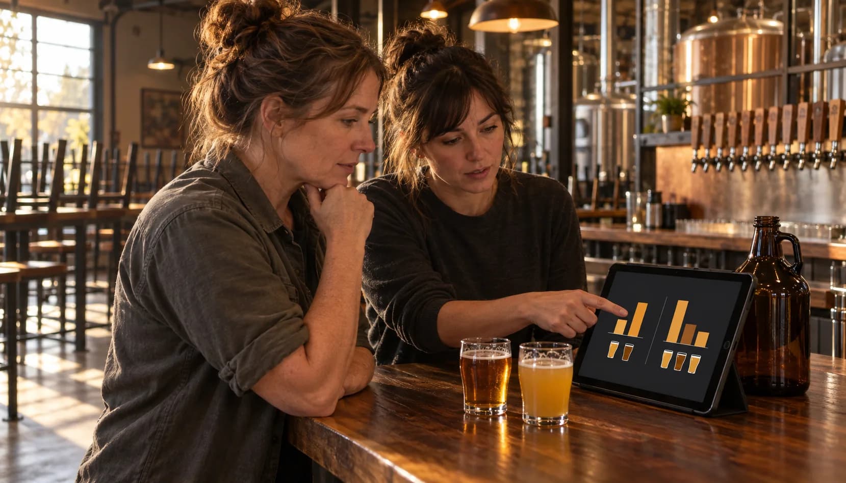Two women lean on the bar of an empty morning taproom, chairs still up behind them, studying a tablet propped by a growler that shows simple bar charts over pint-glass icons.