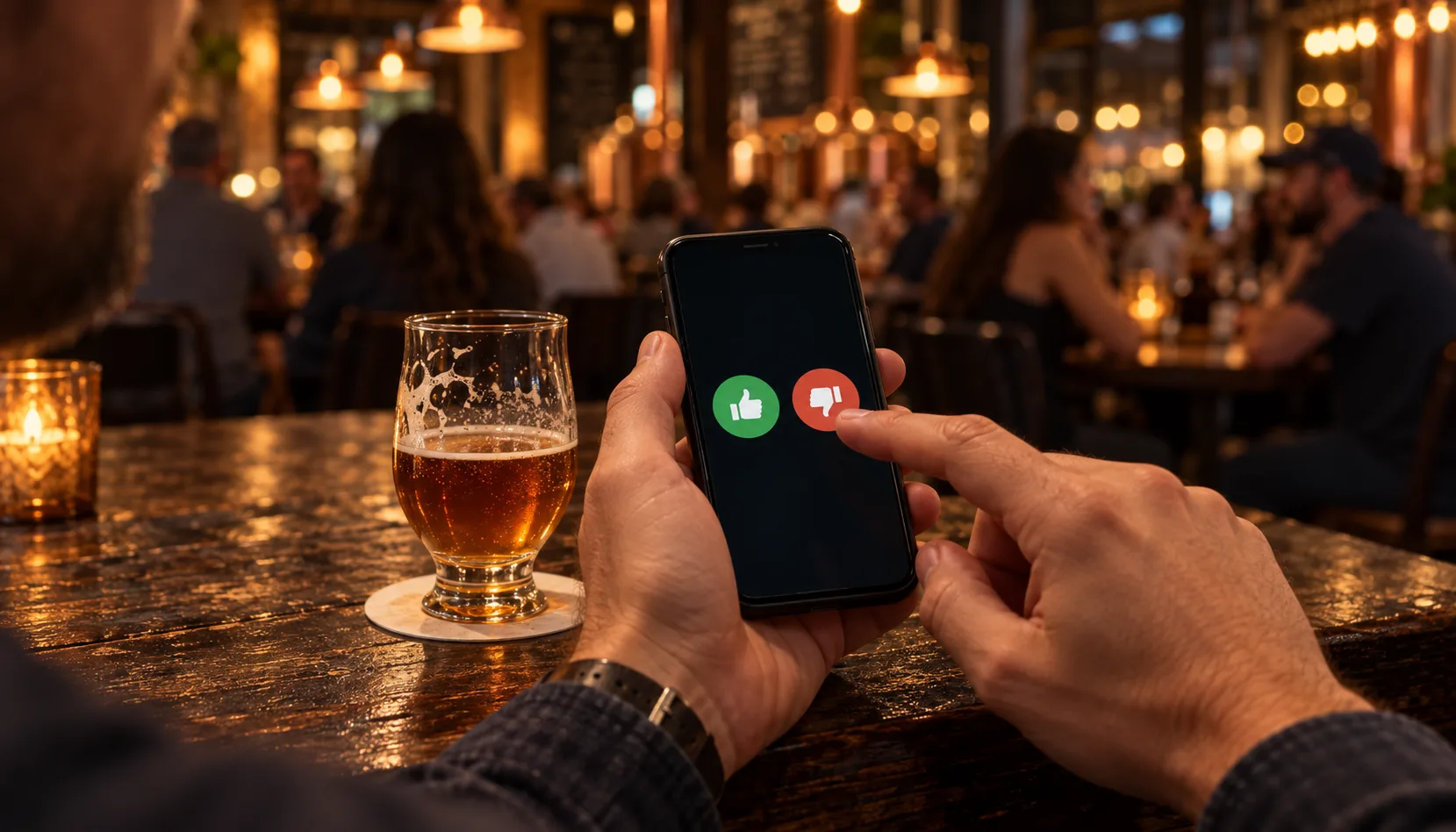 A guest at a candlelit taproom table holds a phone showing just a thumbs-up and a thumbs-down button, next to a half-finished glass of amber beer on a coaster, with the evening crowd blurred behind.