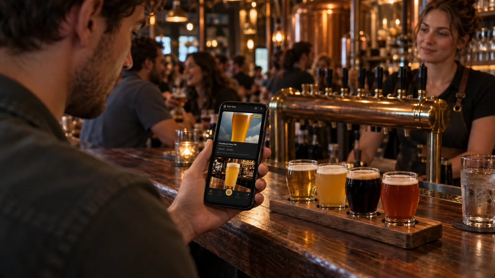 A guest waiting at a busy bar checks the Barley app's For You picks on his phone while the bartender waits for his order.
