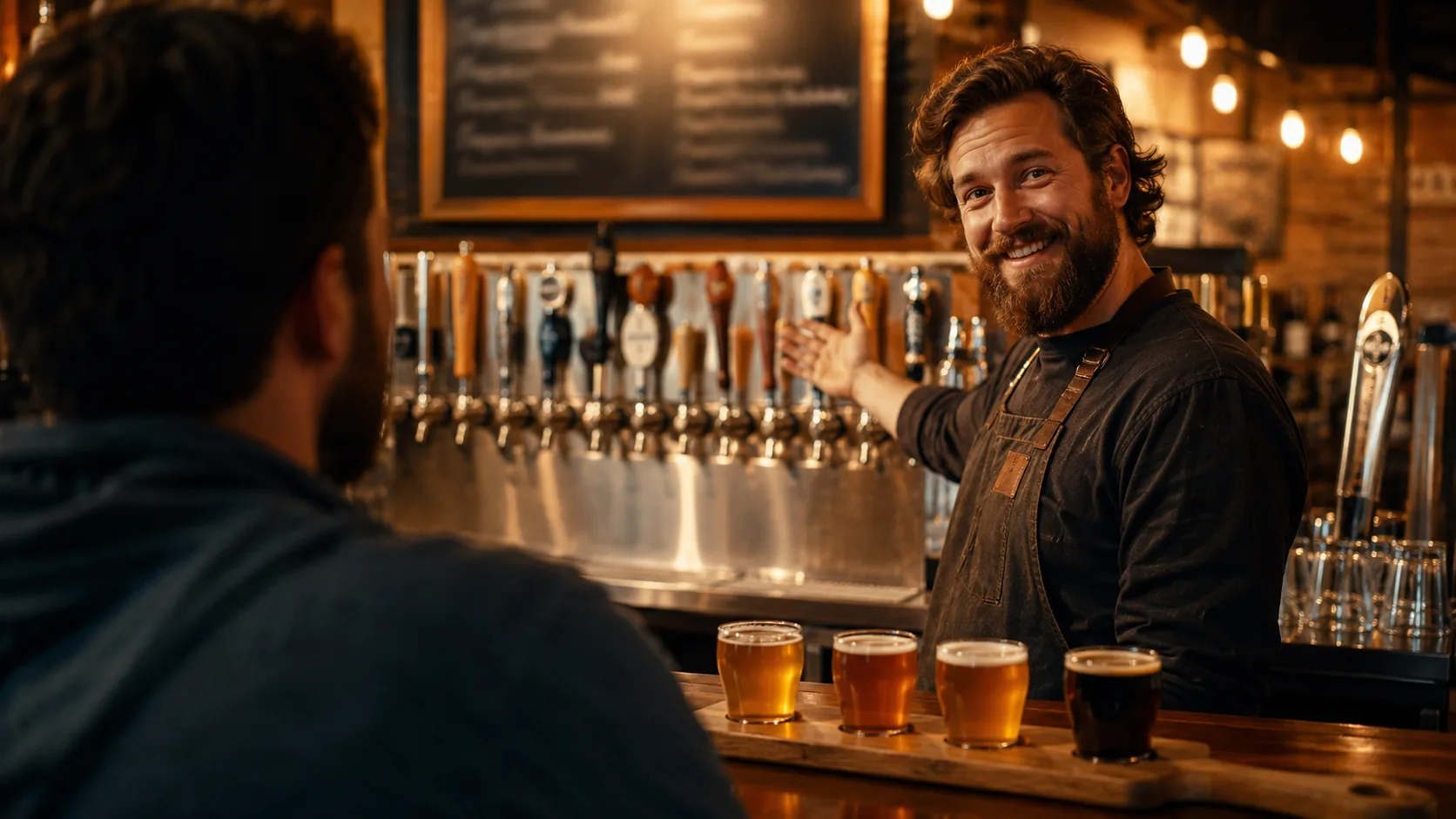 A friendly bartender behind the taps gesturing toward the tap handles as he recommends a beer to a customer, with a flight of four beers on the bar in the foreground.