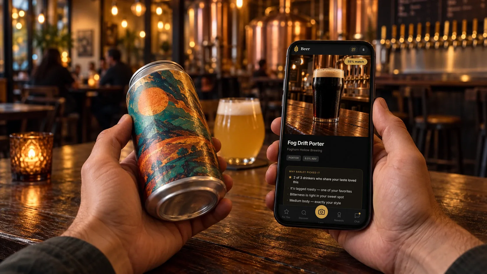 Hands hold a craft beer can next to a phone showing Fog Drift Porter in the Barley app: its style, ABV and why Barley picked it.