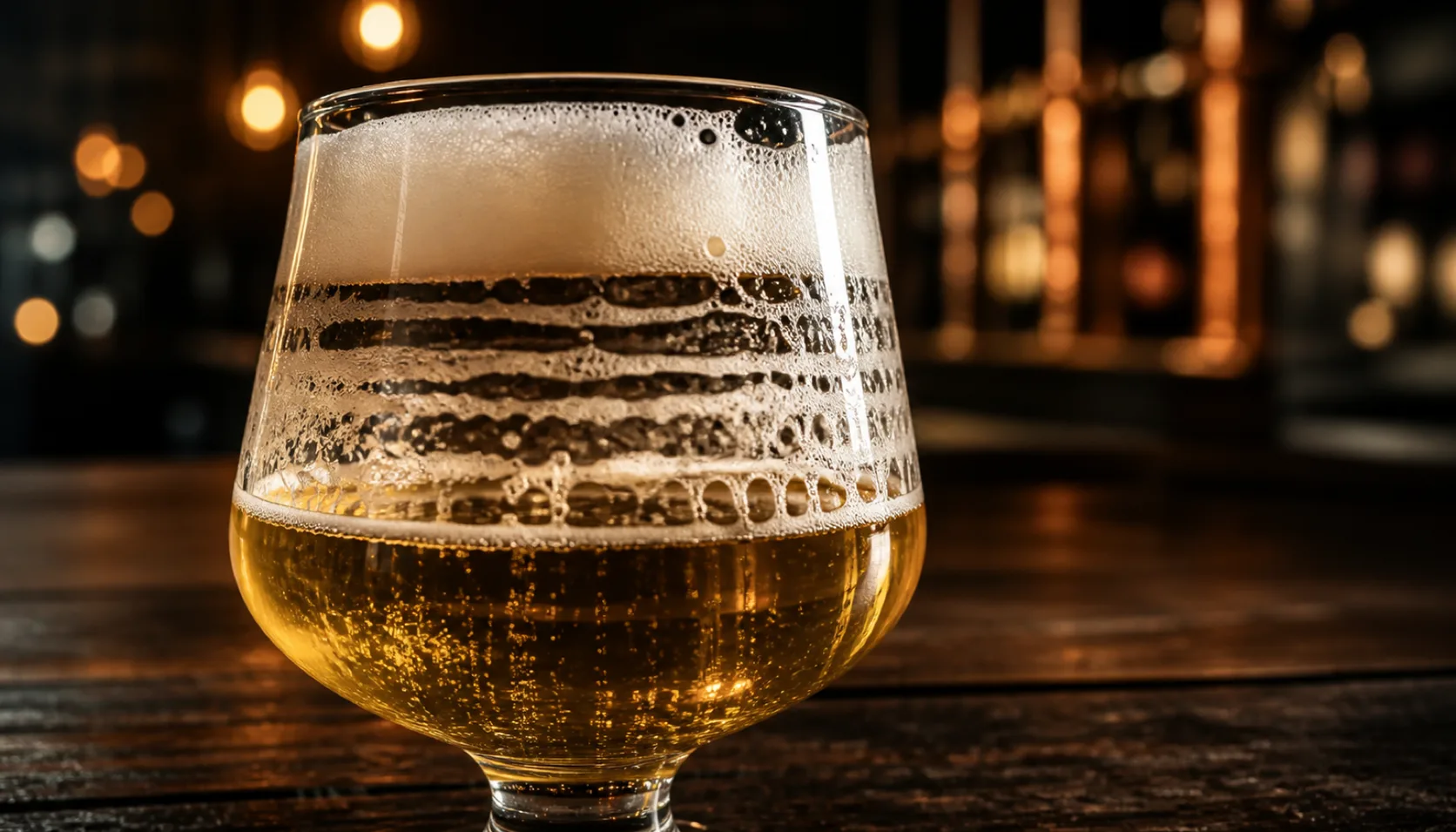 A backlit glass of pale gold beer with a thick white head and clear rings of lacing left down the inside of the glass.