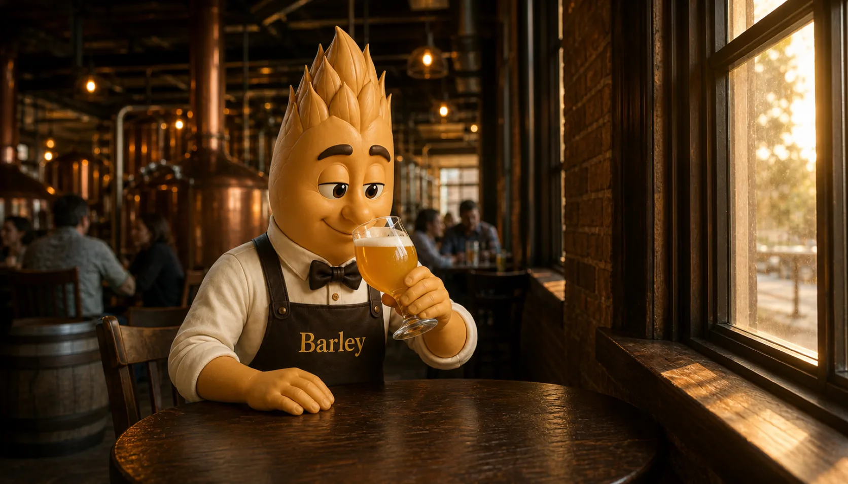 Barley sits at a window table in a warm taproom, holding a tulip glass up to his nose mid-swirl with his brows raised in concentration.