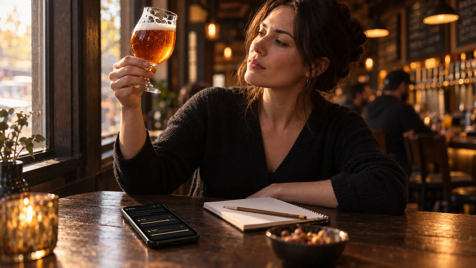 A drinker holds a tulip of amber beer up to the window light while her phone on the table shows her Barley taste dials.