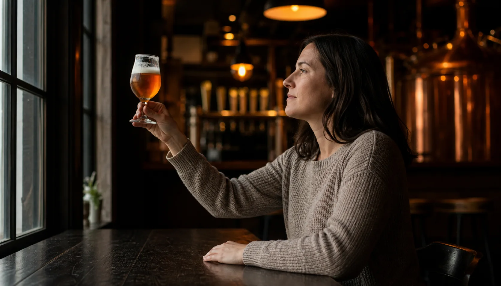 A woman sitting at a wooden taproom table holds a stemmed glass of amber beer up toward a bright window, studying the colour.