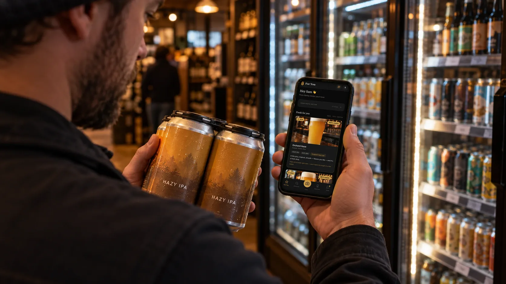 In a bottle shop, a shopper holding a four-pack of hazy IPA checks the Fresh for you list in the Barley app on his phone.