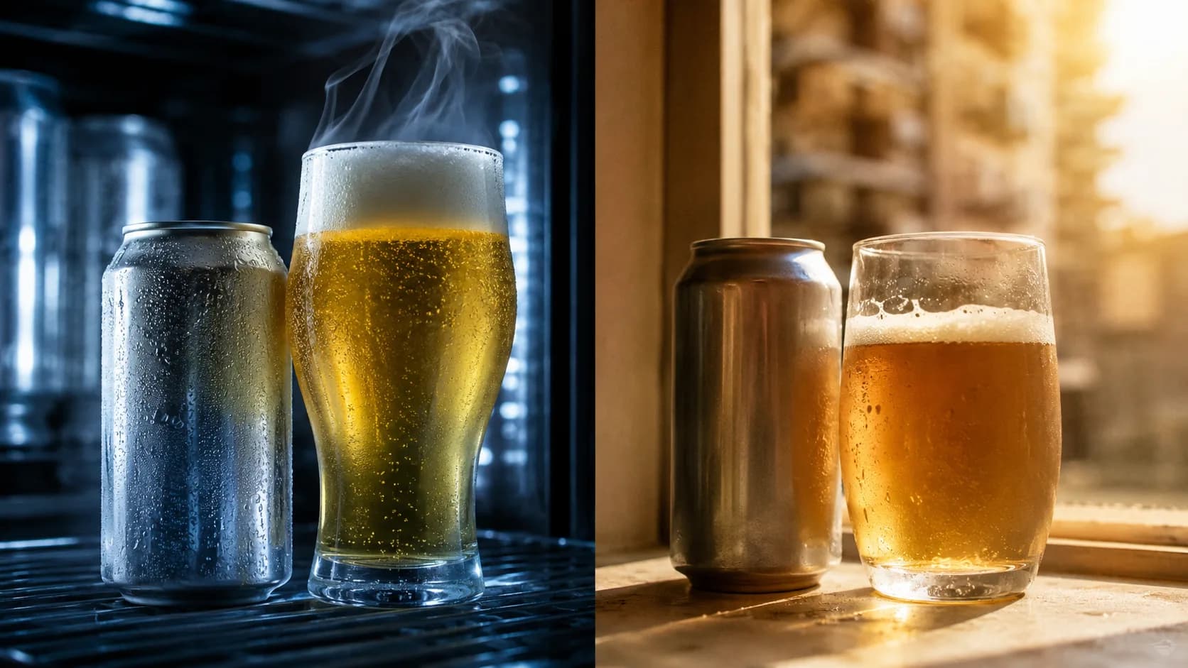 Same beer, two fates: kept cold and dark on the left versus light-struck and warm on the right. How a beer is stored matters as much as its age.