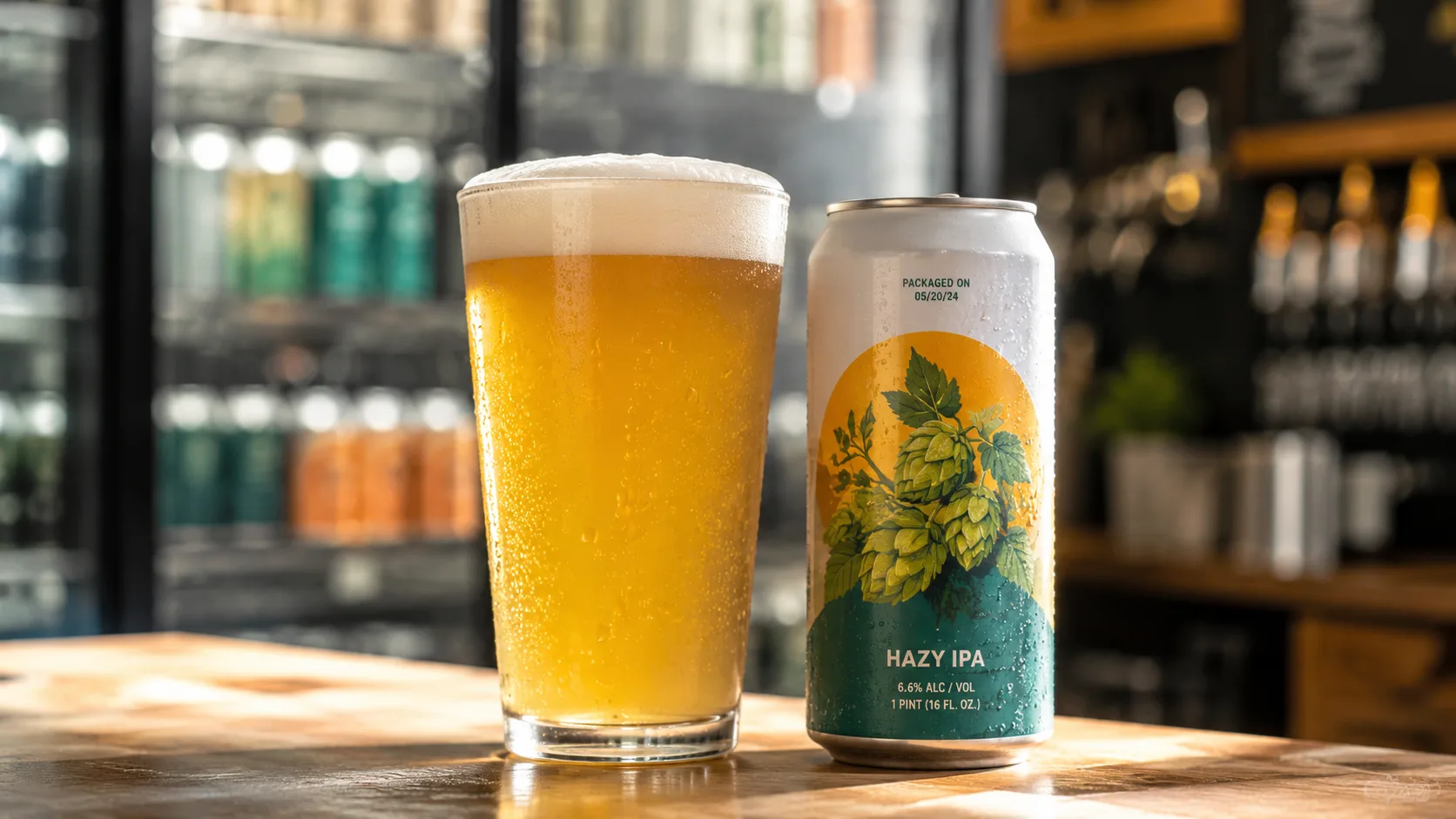 A fresh hazy IPA poured beside its can — hoppy styles like this fade fastest, so drink them within weeks of the packaged-on date.