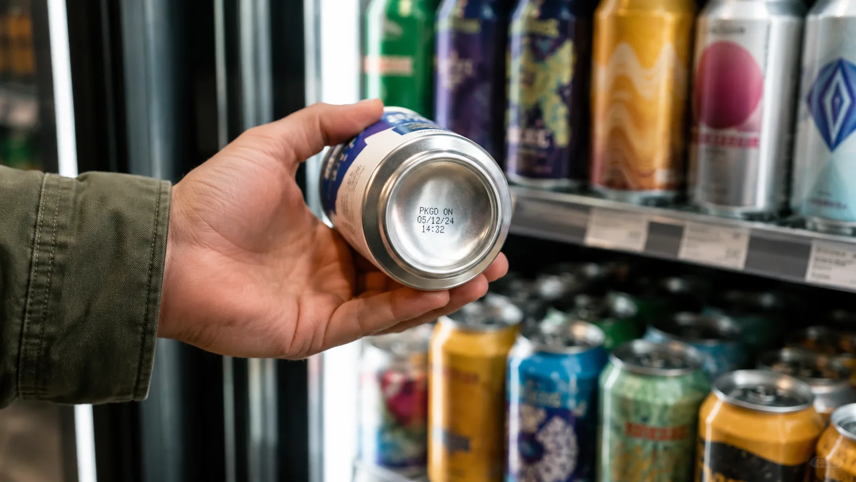 A hand holding a craft beer can up to read the 'packaged on' date stamped on the bottom, in front of a cooler full of cans.