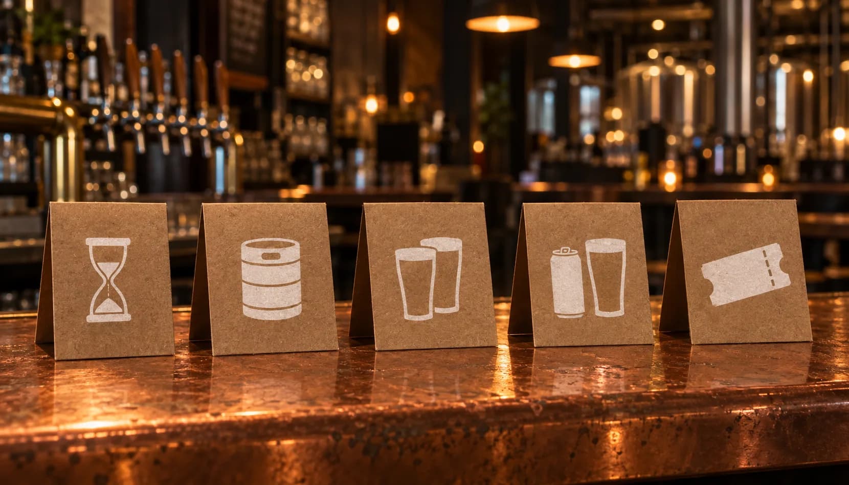 Five kraft-paper table tents on a copper bar top, each printed with a single white icon: an hourglass, a keg, two pint glasses, a can beside a pint, and a ticket.