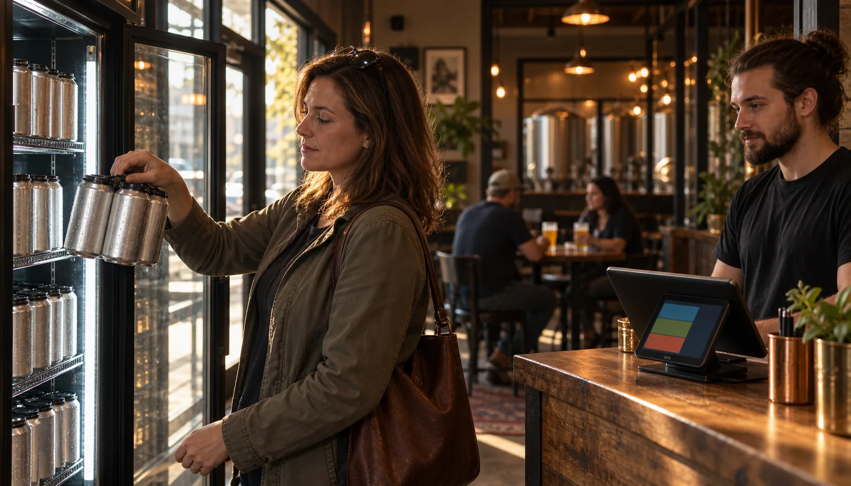A woman lifts a four-pack of cans from a brewery's glass-door to-go cooler in afternoon window light while a staff member waits at a counter with a tablet register.