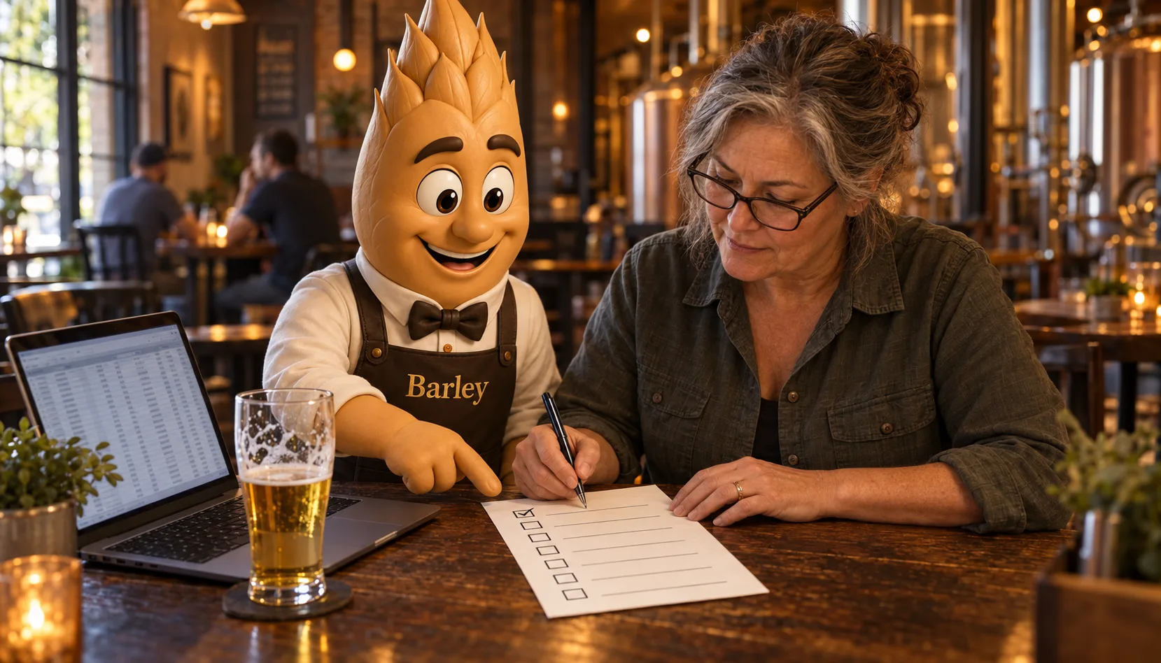 Barley points at a printed checklist with one box ticked while a brewery owner in reading glasses marks it with a pen at a taproom table, beside a laptop and a half-finished pilsner.