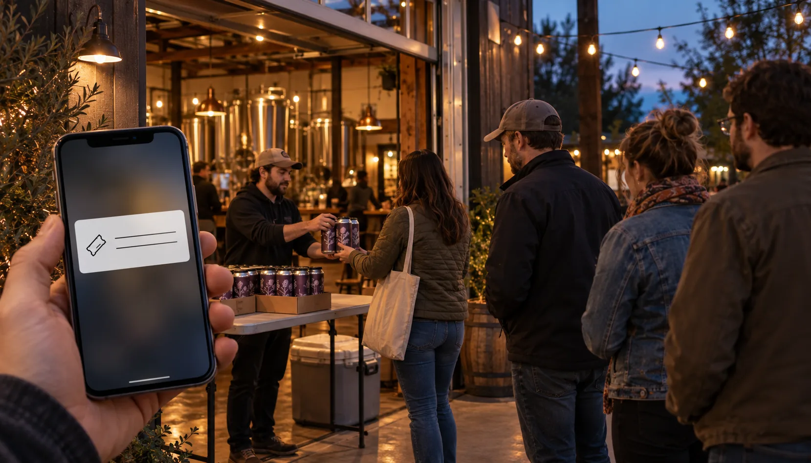 At dusk outside a brewery's open garage door, guests line up for a can release pickup while one guest in the foreground holds a phone showing a simple ticket notification.