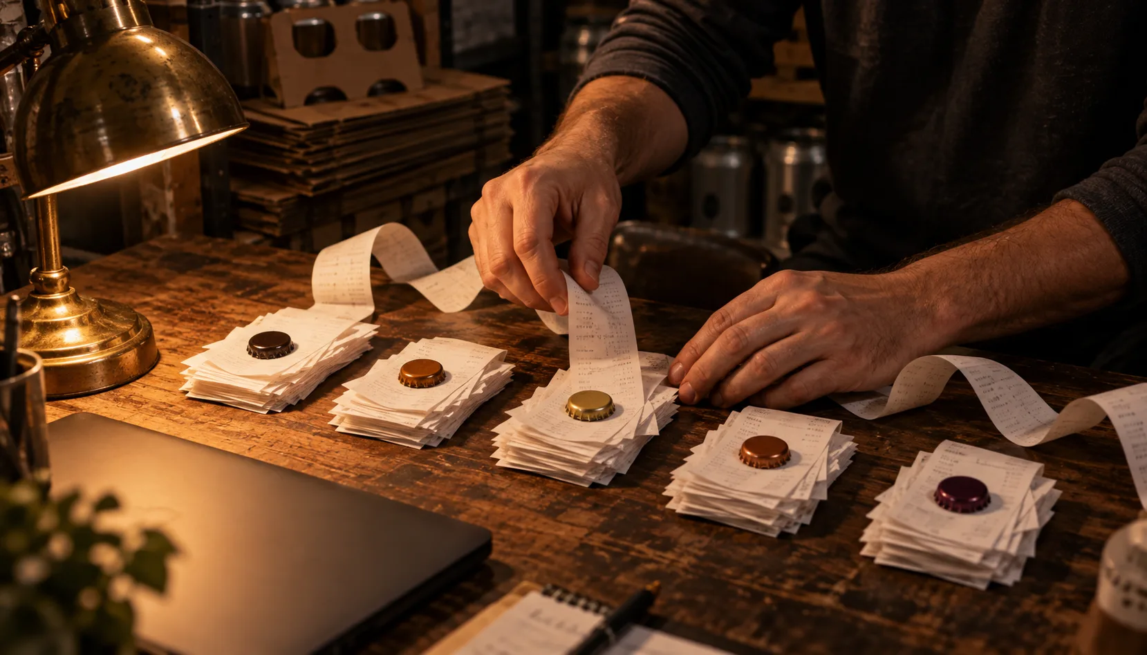 A manager's hands sorting a long curl of printed receipt tape into five piles, each weighted with a different bottle cap, on a worn wooden desk under a brass lamp in a brewery back office after close.