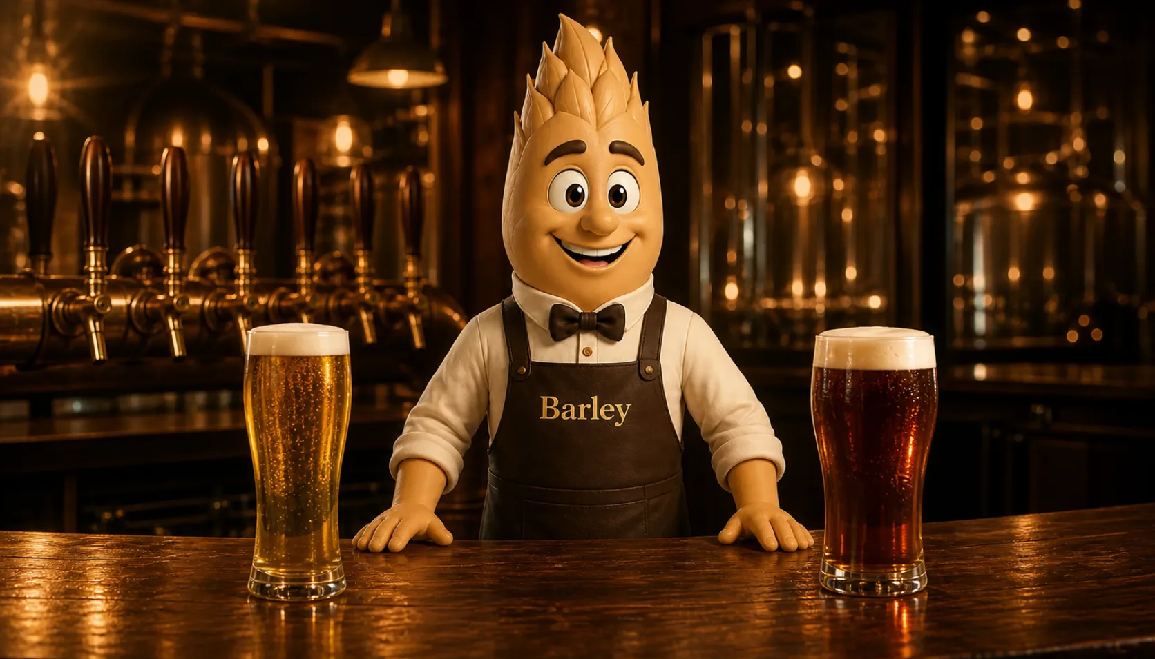 Barley stands behind a taproom bar between two glasses, a pale straw lager on his left and a deep copper ale on his right, both catching warm backlight.