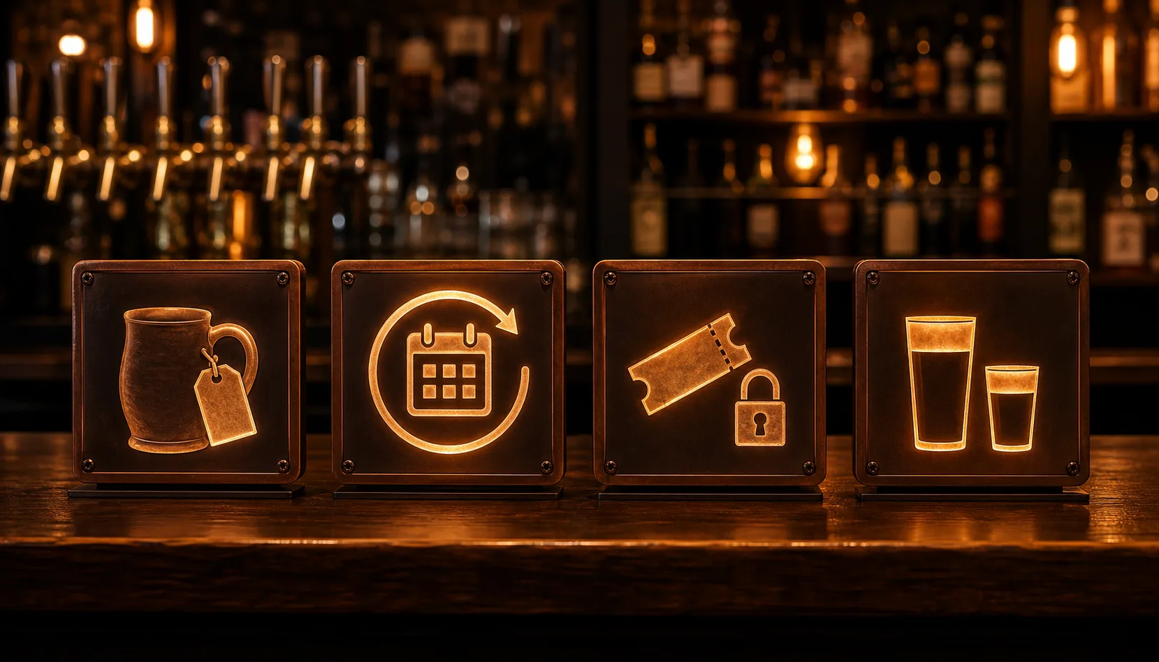 Four glowing icon panels standing in a row along a dark taproom bar, representing four brewery membership models: a ceramic mug with a hanging tag, a calendar ringed by a recurring-payment arrow, a ticket beside a padlock, and a tall pint next to a short one.