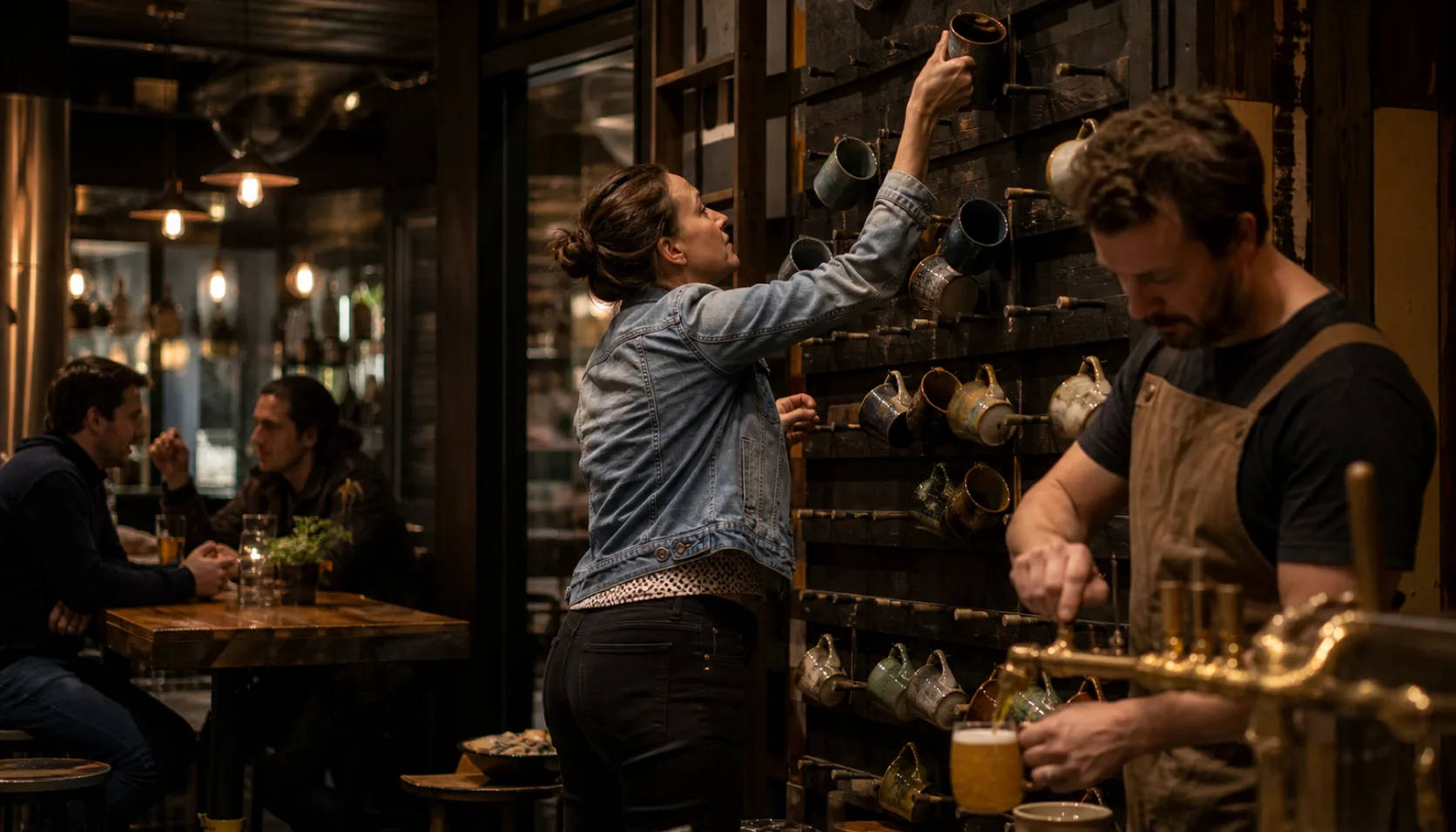 A woman in a denim jacket reaches up to take her mug from a wooden peg wall of ceramic mugs while a bartender in an apron fills another regular's mug from a brass tap beside her.
