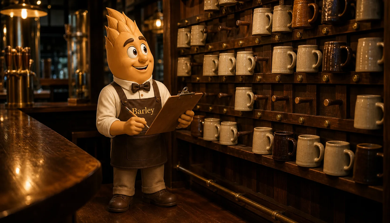 Barley stands beside a taproom mug wall holding a wooden clipboard and pencil, looking up at rows of ceramic mugs hanging on their pegs.