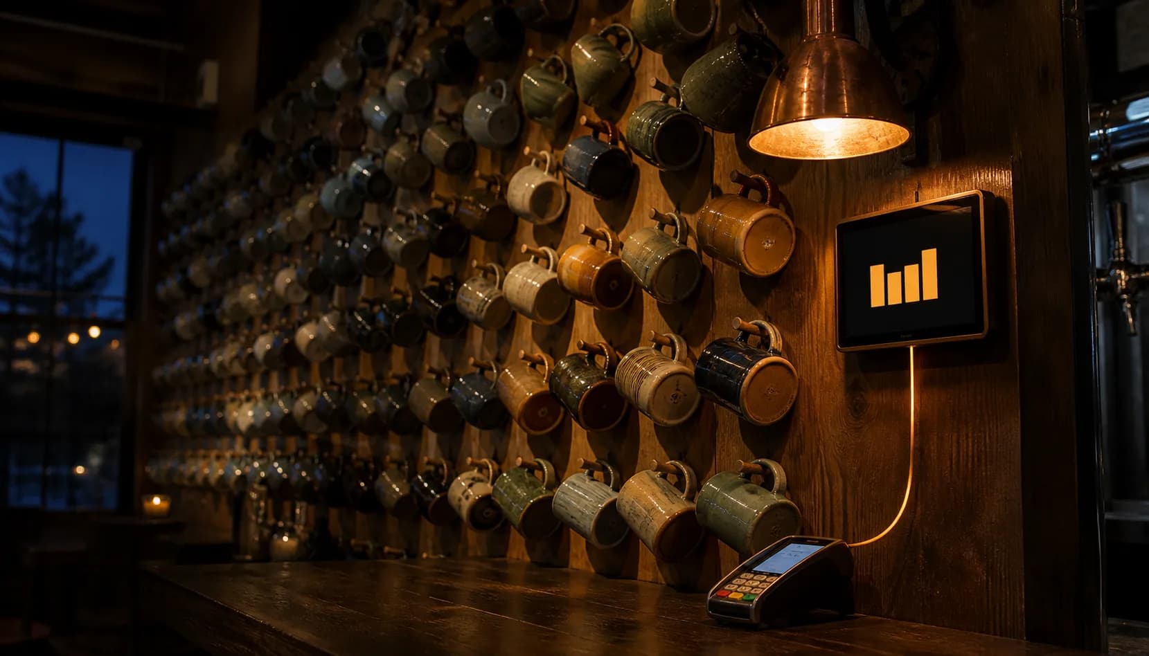 A wooden peg wall of ceramic brewery mugs at dusk, some lit warm gold and others sitting dusty in cool shadow, beside a small wall screen showing a simple amber bar chart.