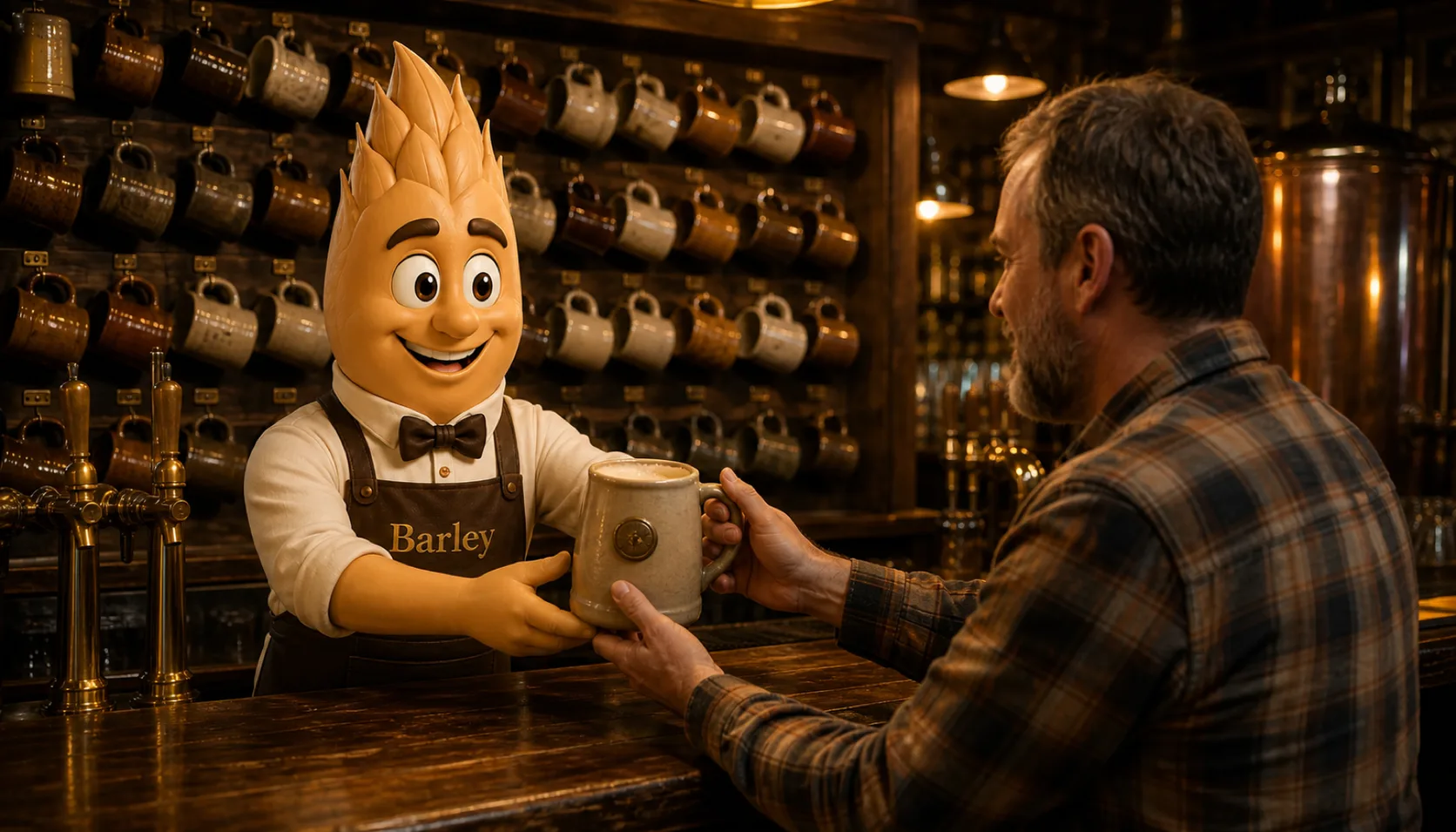 Barley stands behind a taproom bar handing a heavy ceramic mug of beer to a bearded regular in a flannel shirt, with a wall of personal mugs hanging on pegs behind him.