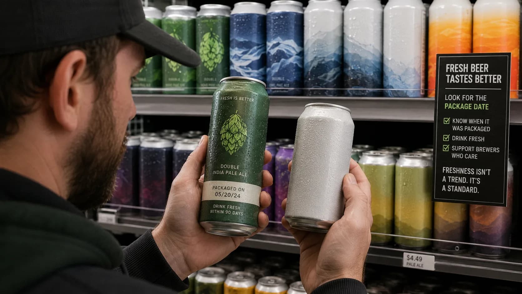 A customer at a bottle-shop cooler comparing two cans: a dated Double IPA reading "PACKAGED ON 05/20/24 — DRINK FRESH WITHIN 90 DAYS" in one hand and a blank, undated silver can in the other, beside a shelf sign that reads "Fresh Beer Tastes Better — Look for the Package Date — Freshness isn't a trend. It's a standard."