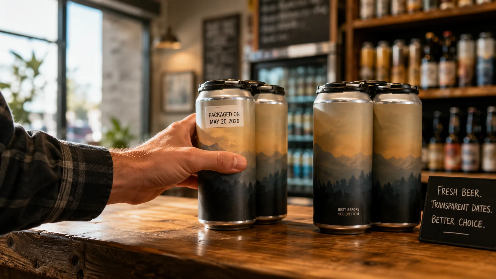 A customer's hand picking up a four-pack at a bottle shop, the can showing a clear 'PACKAGED ON MAY 20 2026' sticker, beside a chalkboard reading 'Fresh Beer. Transparent Dates. Better Choice.'