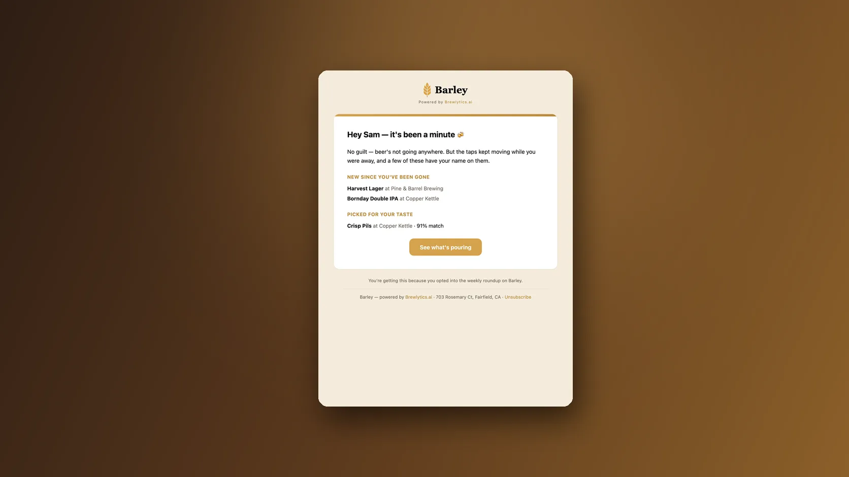Barley's win-back email as a lapsed guest sees it: what is new since they were last in, and a pick chosen for their taste with its match score.