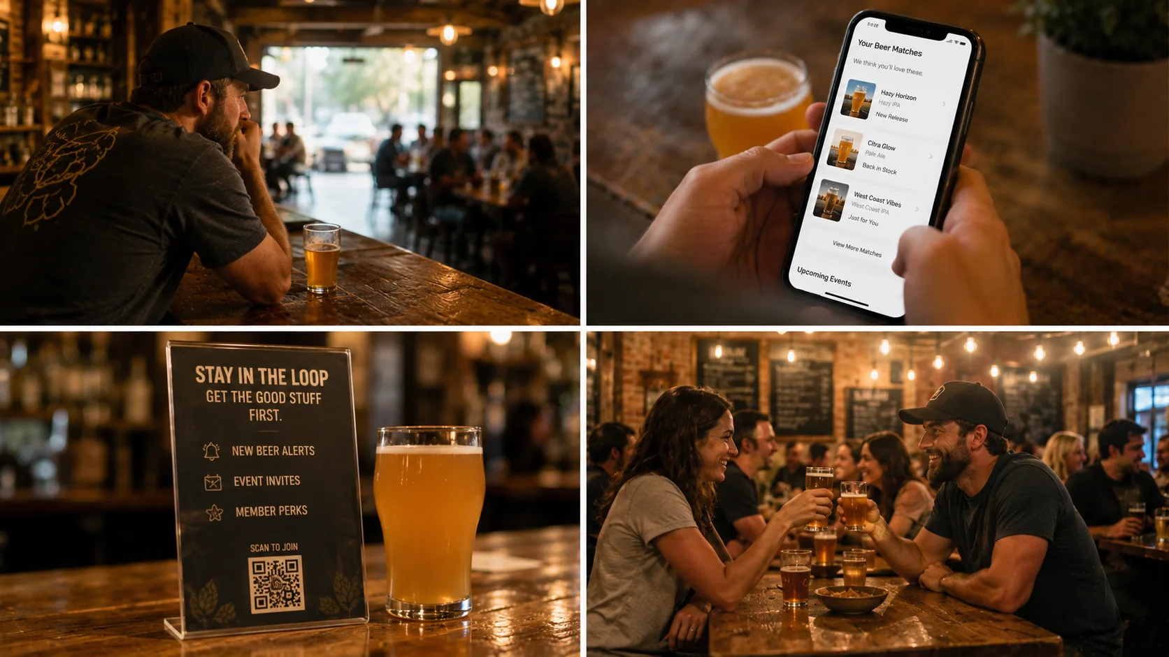 A lively brewery bar full of returning regulars, with a "we'd love your feedback" card on the table.