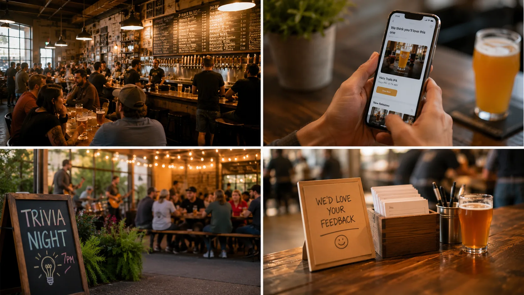 A brewery owner standing alone in a quiet taproom looking at empty seats, while a thought bubble shows a first-time visitor walking out the door with a smile but no reason to return.
