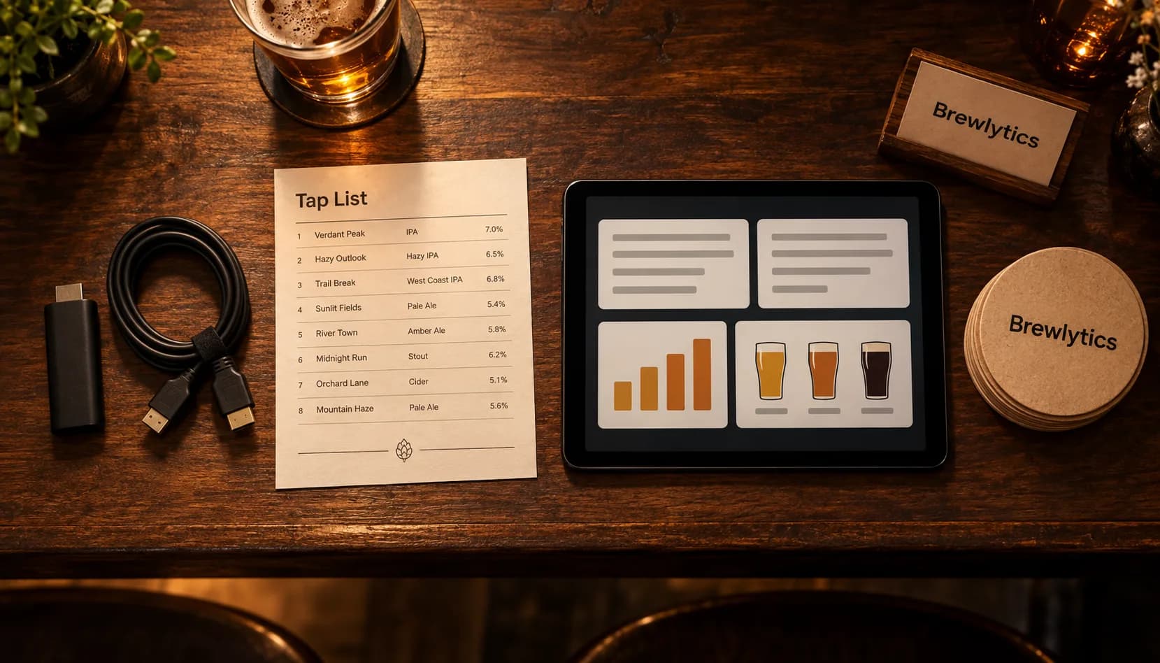 An overhead flat-lay on a dark wood bar: a streaming stick, HDMI cable and printed tap list on the left, and on the right a tablet showing abstract cards, a small bar chart and pint-glass icons next to Brewlytics coasters and a table tent.