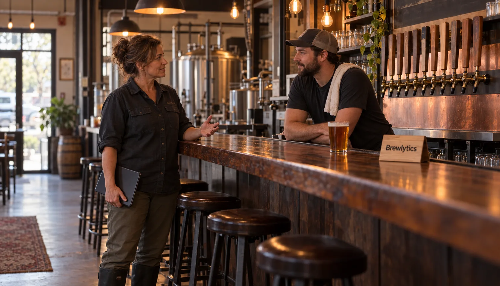 A brewery owner in a work shirt and boots, tablet tucked under one arm, talking with a bartender across the end of the bar in a quiet afternoon taproom, brewhouse tanks and a row of tap handles behind them.